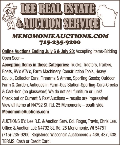 Find great <b>Menomonie</b>, <b>WI</b> real estate professionals on <b>Zillow</b> like Travis <b>Lee</b> of <b>Lee</b> Real Estate & <b>Auction</b> <b>Service</b>. . Lee auction service menomonie wi
